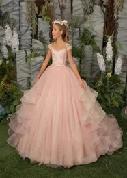 Pink Off Shoulder Ball Gown Prince Flower Girls Dresses 2023 Sweep Train Girls Pageant Gowns Lace Applique first communion princes6250310