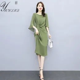 Klänningar 2022 Summer Thin Solid Color Chiffon Dress Korean Fashion Ruffle Sleeve Midi Flowy Party Dress M3xl Big Size Women Vestido