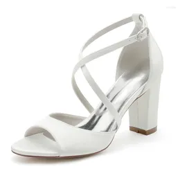 Dress Shoes High Block Heel Wedding Sandals Open Toe Cross Strap Satin Women Heels For Prom Evening Formal Party Heeled