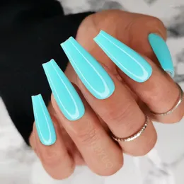False Nails 24Pcs Bright Blue Super Long Ballerina Coffin Fake Nail Artificial Press On With Jelly Glue Finger Manicure Tool