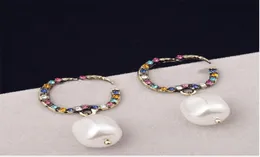 Shiny Color Diamond Earrings Charm Pearl Pendants Earrings Jewelry Double Letter Europe America Rhinestone Studs Whole6956259