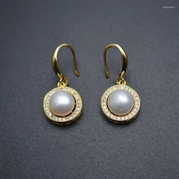 Pendientes colgantes Perla de agua dulce blanca natural Marco de cuentas de cristal pavimentado redondo Joyería de moda para niña Pendientes coreanos