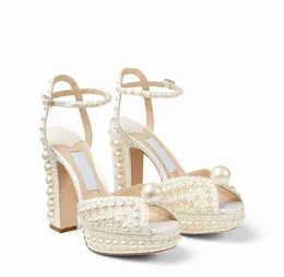 Designer Women's Sacaria Sandals Shoes Women White Pearls High Block Heels Buckled Ankle Strap Peep toe Gladiator Pumps EU35-43