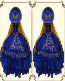 2022 Ouro Vintage Bordado Flores Azul Real Quinceanera Vestidos de Baile Vestido de Baile XV Charro Mexicano Cetim Festa à Noite Formal Sw7348250