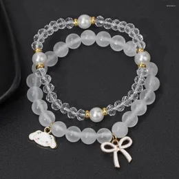 Strand 2Pcs/Set Lovely Bracelet Women Natural White Jades Stone Dog Charm Girl Fashion Jewelry Friendship Gift