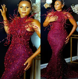 2023 May Aso ebi Burgundy Mermaid Prom Dress Crystals Sexy Evening Party Second Second Disparty Condragement Dresses Robe de Soiree Zj354