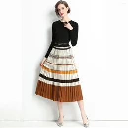 Casual Dresses Autumn Dress Sweater Knitte Gradient Fake Two Piece Splice Fashion Style Underlay Slim Fit Pleated