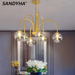 Chandeliers SANDYHA LED Hand Blown Glass Chandelier Gey White Ball Bent Iron Spider Molecular Ceiling Lamp Live Dining Room Vintage Lights