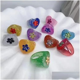 Anelli a fascia Coreano Trendy Colorf Resina trasparente Fiore Strass Cuore geometrico Per le donne Ragazze Party Jewelry Drop Delivery Ring Dh86A