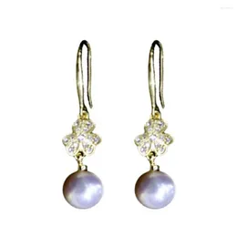 Dangle Earrings YKNRBPH Freshwater Pearl Ear Hook Female 8-9mm Micro Leisure Clover Design 18k Gold Inlaid Fashion