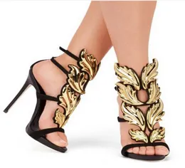 Top Brand Summer New Design Women Fashion Cheap Gold Silver Leaf Leaf High Heel Peep Press Press Sandal
