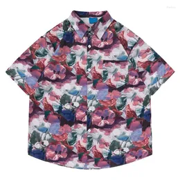 Men's Casual Shirts Fashion Summer Painted Hip Hop Flower Printed Tops Short Sleeve Graffiti Hawaii Loose Fit Y2K Shirt
