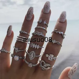 Band Rings Delysia King 15pcs Bohemian Style Ladies Metal Joint Ring Set Leaves Fashion Crystal Water Droplets Rings J230602