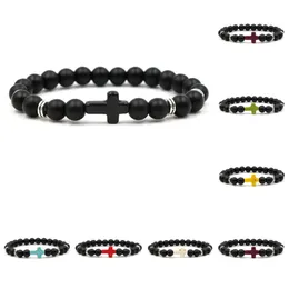 Charm Bracelets Cross Men Bracelet 브랜드 브랜드 도매 유니osex 자연 스톤 핸드 작업 Black Onyx Volcano Matte Bitd Drop Delivery Jewel DHBIS