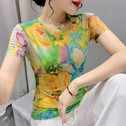 Camiseta S-3XL Summer Manga corta Impresión elástica de las chicas Camiseta de malla dulce Camiseta de flores para mujeres P230602