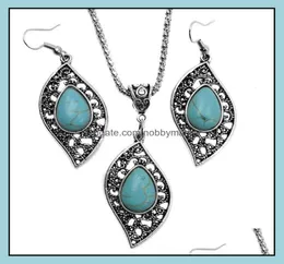 Earrings Necklace Jewelry Sets Fashion Turquoise Set Antique Sier Leaves Pendant NecklacesEarring 2Pcs For Women Drop Delivery 4156750
