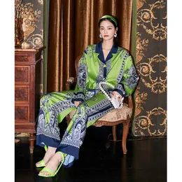 Seksowna piżama oryginalne tytułowe piżamy w stylu bohemian dla kobiet wiosna i jesienne z długim rękawem Silk Zestaw sutowy dla żeńskiej zielonej J230601