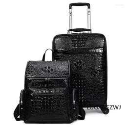 Suitcases Genuine Leather Crocodile Pattern Business Travel Case Set Men Computer Bag Backpack Handbag Roller Trolley Luggage Carry On