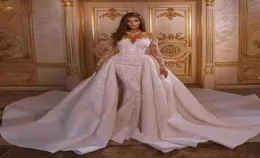 Mermaid Wedding Dresses 2023 Luxury with Detachable Skirt Appliqued Arabic Trumpet Bridal Gowns Long Sleeves Bohemian Robe De BC124036309