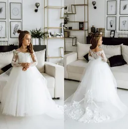 Cheap White Lace Flower Girl Dress Bows Children039s First Communion Dress Princess Formal Tulle Ball Gown Wedding Party Dress 4148988