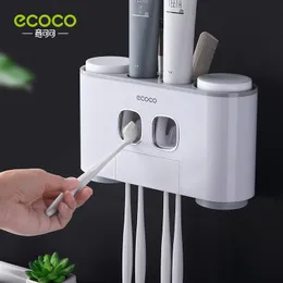 Bath Accessory Set ECOCO Wall Mount Automatic Toothpaste Squeezer Dispenser Toothbrush Holder Bathroom Accessories Storage Rack with 4 Cups 230602