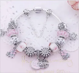 Moda 925 Plata esterlina Flor de cerezo blanco Murano Murano Glass European Charm Beads Dangle Se adapta a Pandora Charm Bracelets 5157905
