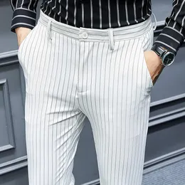 Spring Autumn White Striped Suit Flat Office Trousers for Men Dress Pants Formal Regular Fit Male Clothes 2021