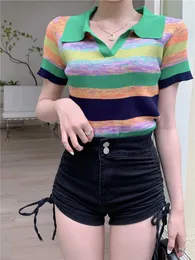 Damska koszulka Summer New Girl Polo Szyjka Rainbow Stripe Krótkie rękawie cienkie dzianiny T-shirt Elastic Top P230602