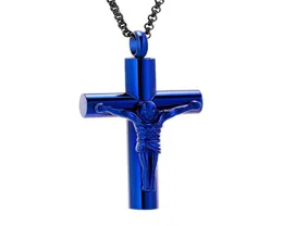 IJD11129 Stainless Steel Cremation 2 Size Blue Jesus Cross Keepsake Memorial Pendant Necklace for Ashes Urn Jewelry9234365