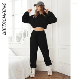 Women's Two Piece Pants Black Casual Tracksuits Women Autumn Drawstring Hooded Sweatshirts And Sets Outfits 2023 Female Sportswear Suits