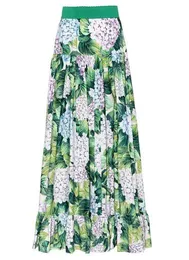 드레스 디자이너 패션 여성 플러스 크기의 수국 꽃 인쇄 탄성 허리 주름 anklelenger 긴 치마 캐주얼 Faldas Saia