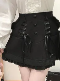 Kleider Japanischer Kawaii Lolita Minirock Damen Winter Gothic Herz Knopf Kuchen Röcke Mädchen Hohe Taille Bandage Y2k Schwarz Kurze Röcke