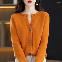 Women's Knits Pure Wool Knitted Cardigan Women's O-neck Solid Color Sweater Fashionable Temperament Loose Top Spring And Autumn Coat