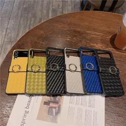 Luxury Braided Pattern Vogue Phone Case for Samsung Galaxy Folding Z Flip4 5G Slim Full Protective Soft Bumper Hinge Solid Leather Bracket Fold Shell with Ring Holder