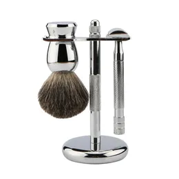 Ostrza luksusowy zestaw golenia męskiej podwójnej krawędzi bezpieczeństwo Razor 100% czysty metalowy uchwyt golenia szczotka ze stali nierdzewnej srebrna brzytwa stojak