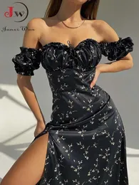 Podstawowe sukienki swobodne Slash Neck Floral Print Split Sukienkę na plaży Kobiety Eleganckie marszczenia imprezowe długie vestidos S3xl 230601