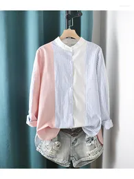 Women's Blouses Lamtrip Striped Color Block Patchwork Stand Collar Long Sleeve Shirt Blouse 2023 BF Style Top