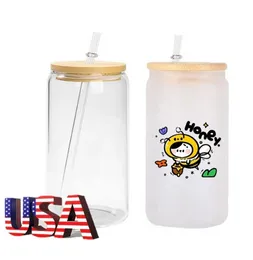 US CA Warehouse 16oz Sublimation Glass Beer Mugs Bamboo Lids Straw Tumblers DIY Blanks Cans Heat Transfer Cocktail Iced Coffee Cups Whiskey Glasses Mason Jars j0602