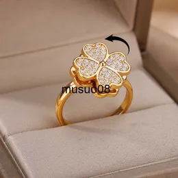 Band Rings Spinner Zircon Heart Four Leaf Clover Rings for Women rostfritt stål Anti Stress Angst Fidget Ring Jewelry Christmas Gift J230602