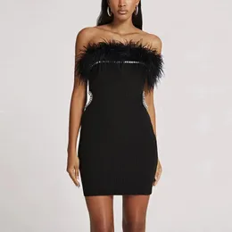 Casual Dresses 2023 Original Black Tube Top Feather Elastic Slim Bandage Skirt Temperament Slow Seam Drilling Party Toast