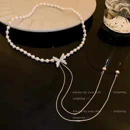 Naszyjnik perłowy motylowy z diamentem, kobiecy lekki luksusowy niszowy łańcuch obojczyka, wisiorek z frędzl