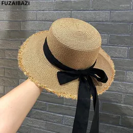 Breda randen hattar bowknot kvinnlig stråhatt sol panama strand kvinnor sommar uv skydd rese lady chapeu2023