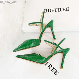 Size 34-40 Women 9.5cm High Heels Fetish Peach Sandals Gladiator Summer Nightclub Party Green Silver Sandles Ankle Strap Shoes L230518