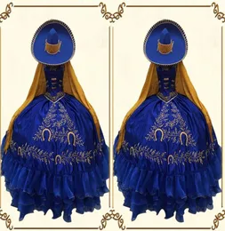 2022 Ouro Vintage Bordado Flores Azul Royal Quinceanera Vestidos de Baile Vestido de Baile XV Mexicano Charro Cetim Festa à noite Formal Sw8174894