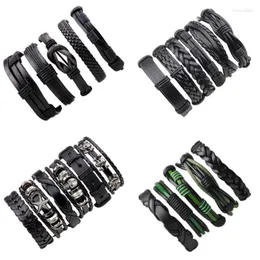 Urok bransoletki 5-6pcs/set boho cyganie hipis punkowy czarny ciemnobrązowy skórzany sznur Wrap Multi-Layers Set For Man Biżuteria