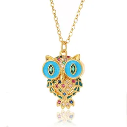 Cute 18K Gold Plated Owl Pendant Necklaces With Rainbow Zircon Colorcul Drop Oil Women Necklace Jewelry Gifts