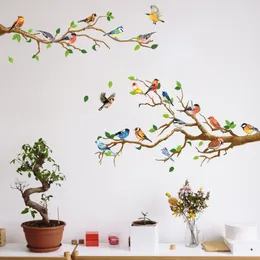 Chinese Style Vintage Bird Sticker Living Room Sofa Wall Decor Stickers Mural Art 3D Tree Branch Green Leaves Stikers