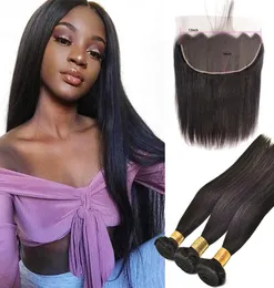 Brazilian Virgin Human Hair Bundles With 13X6 Lace Closure Straight Hair Wefts With Lace Frontal 13 By 6 Lace Size Natural Color 46533324