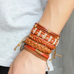 Charm Bracelets Vintage Woven Leather Bracelet For Men Retrô Multi-layer Trançado Cadeia Corda Jóias Presente Atacado