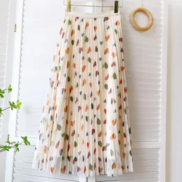 드레스 Qooth Spring Spring Summer Heart Print Tulle Skirts Floral Fashion Midi Length Mesh Tutu Long Skirts Chic 캐주얼 거즈 스커트 QT1553